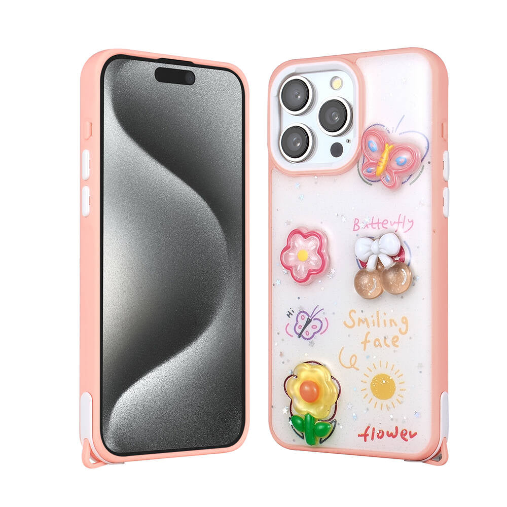 Apple iPhone 15 Pro Max Uyumlu Kılıf Parlayan Simli Kabartma Figürlü Zore Cevze Kapak