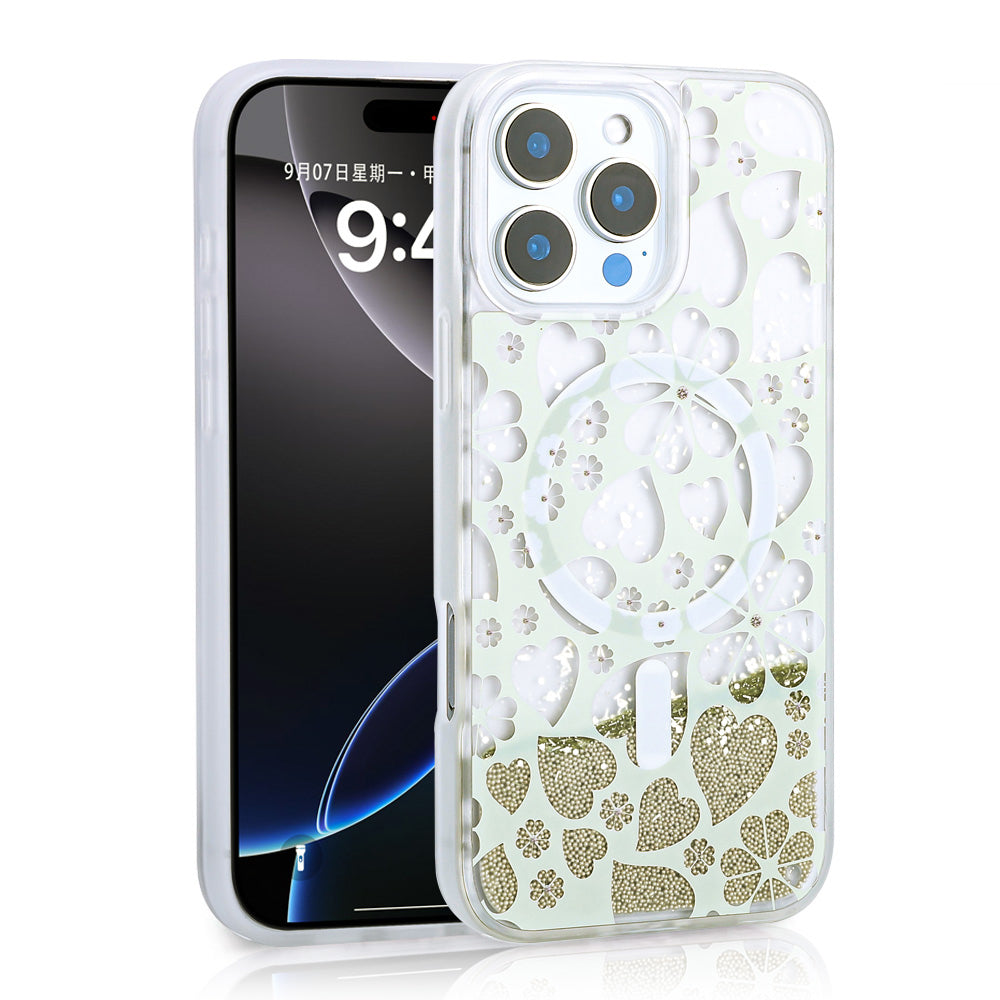 Apple iPhone 15 Pro Max Uyumlu Kılıf Sıvılı Simli Baskılı Şeffaf Arka Yüzey Zore Mossa Silikon Kapak