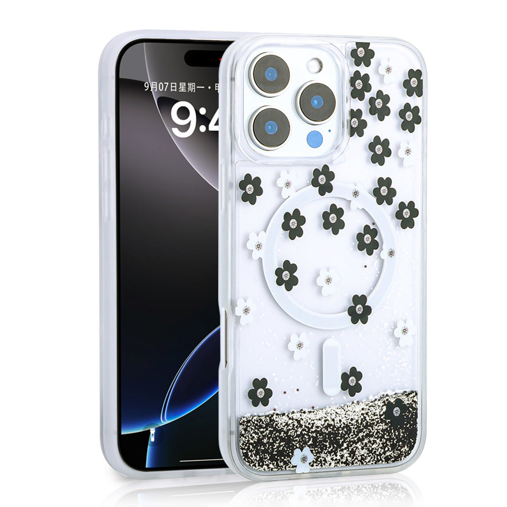 Apple iPhone 15 Pro Max Uyumlu Kılıf Sıvılı Simli Baskılı Şeffaf Arka Yüzey Zore Mossa Silikon Kapak