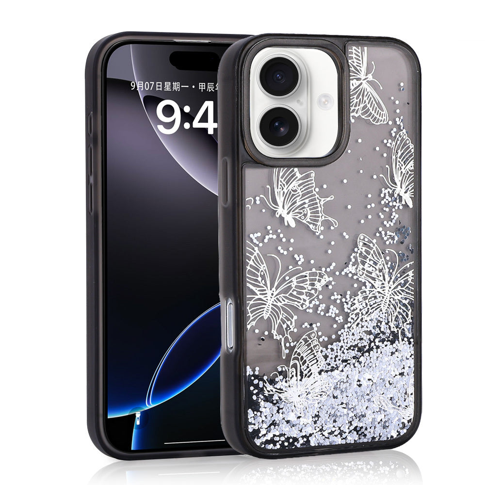 Apple iPhone 16 Uyumlu Kılıf Sıvılı Simli Kelebek Baskılı Şeffaf Arka Yüzey Zore Glis Silikon Kapak