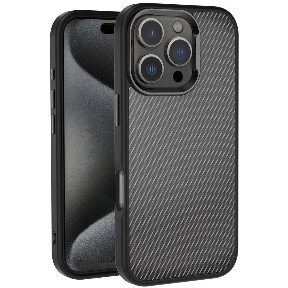 Apple iPhone 16 Pro Uyumlu Kılıf Karbon Fiber Görünümlü Parlak Kamera Çerçeveli Zore Venus Kapak
