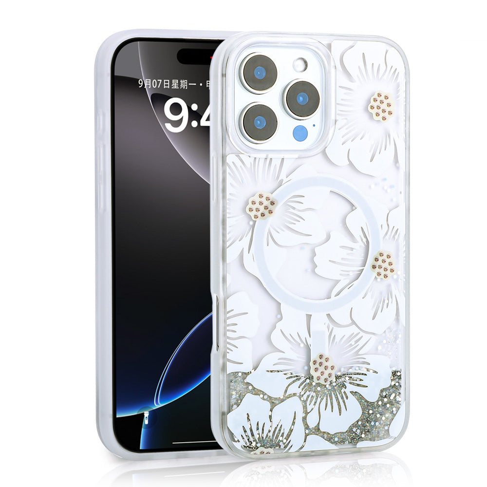 Apple iPhone 16 Pro Max Uyumlu Kılıf Sıvılı Simli Baskılı Şeffaf Arka Yüzey Zore Mossa Silikon Kapak
