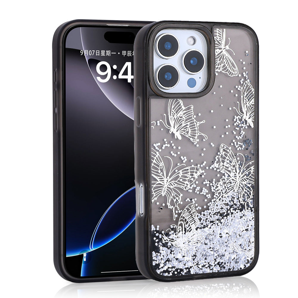 Apple iPhone 16 Pro Max Uyumlu Kılıf Sıvılı Simli Kelebek Baskılı Şeffaf Arka Yüzey Zore Glis Silikon Kapak