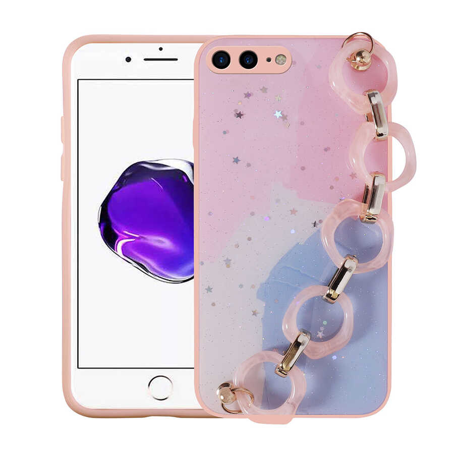Apple iPhone 8 Plus Uyumlu Kılıf Simli Desenli El Askılı Tutacaklı Zore Elsa Silikon Kapak