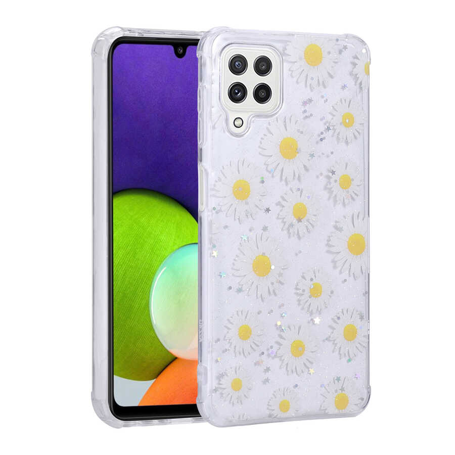 Galaxy A22 4G Uyumlu Kılıf Simli Desenli Kamera Korumalı Parlak Zore Popy Kapak