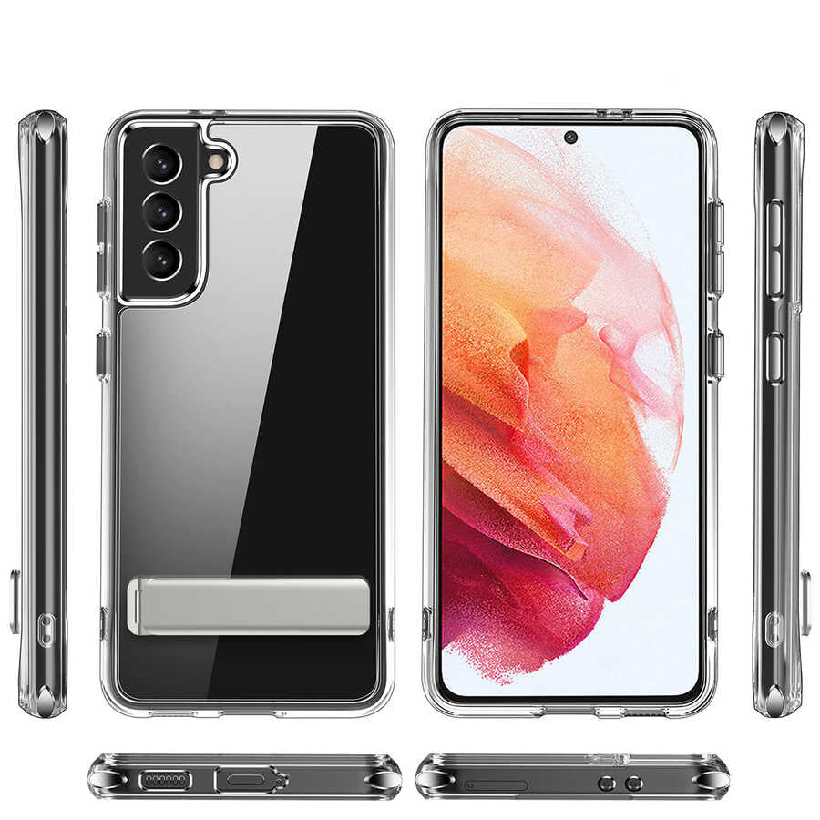 Galaxy S21 FE Uyumlu Kılıf Standlı Şeffaf Silikon Zore L-Stand Kapak