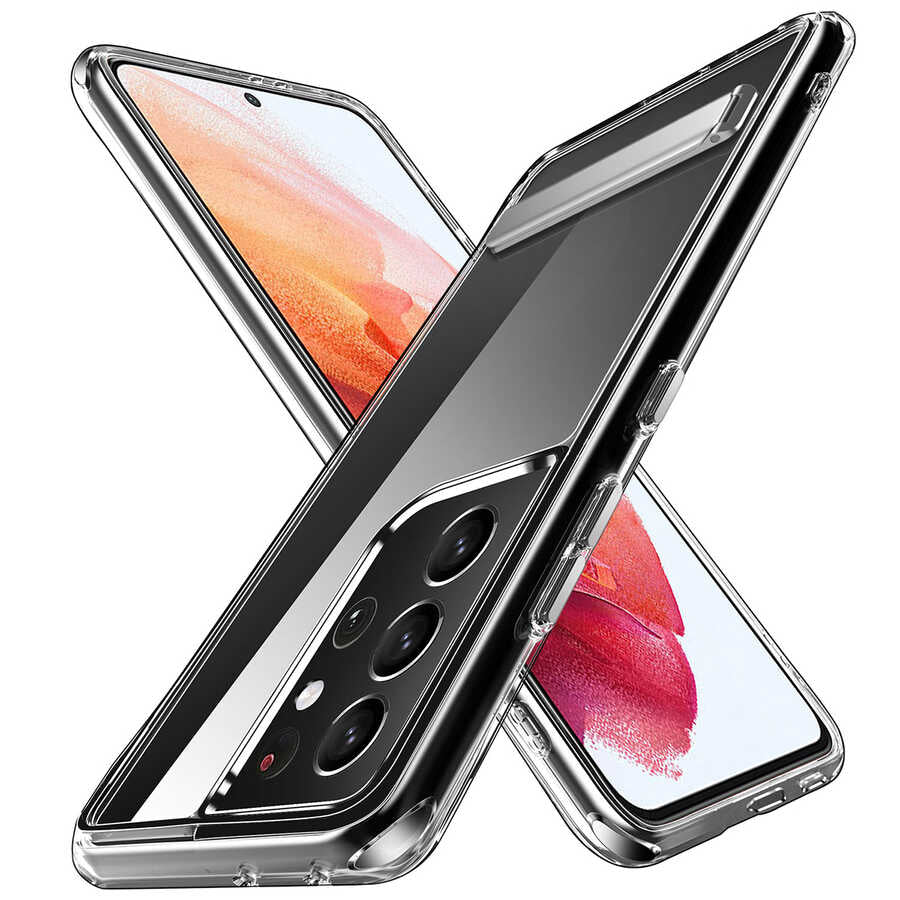Galaxy S21 Ultra Uyumlu Kılıf Standlı Şeffaf Silikon Zore L-Stand Kapak