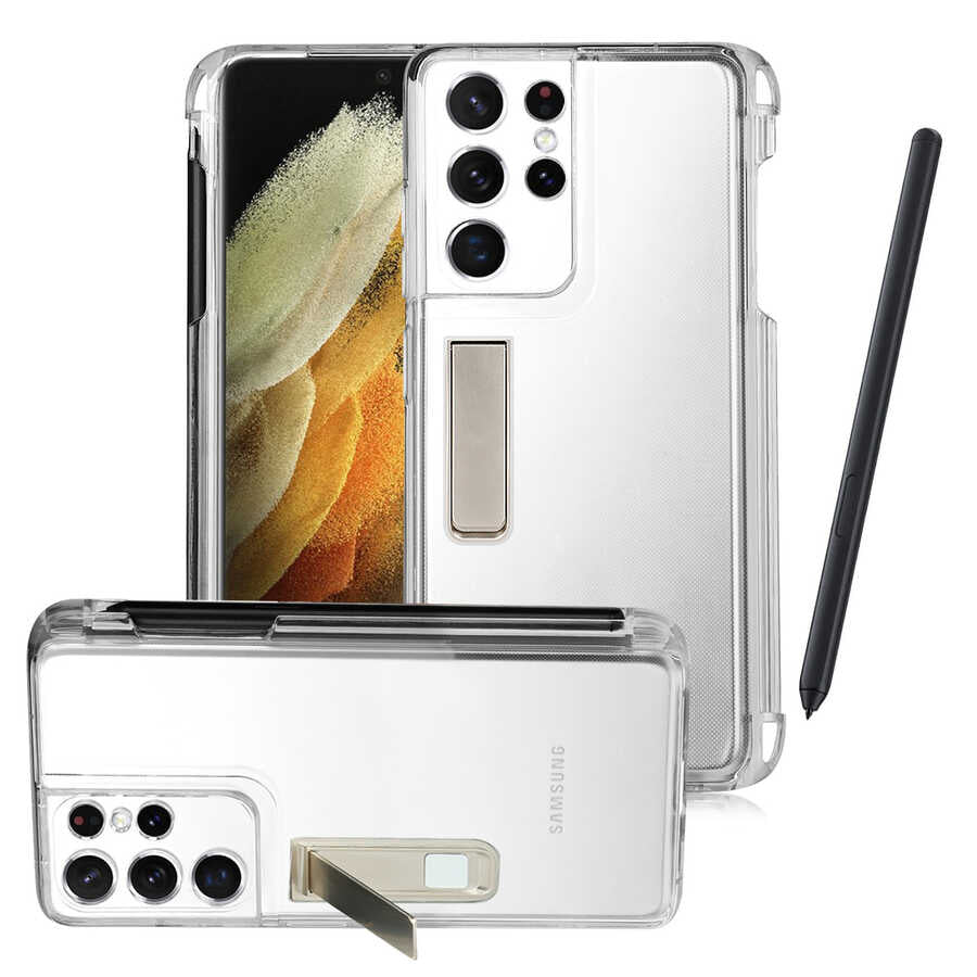 Galaxy S21 Ultra Uyumlu Kılıf Zore Kalem Bölmeli Standlı Süper Silikon Kapak