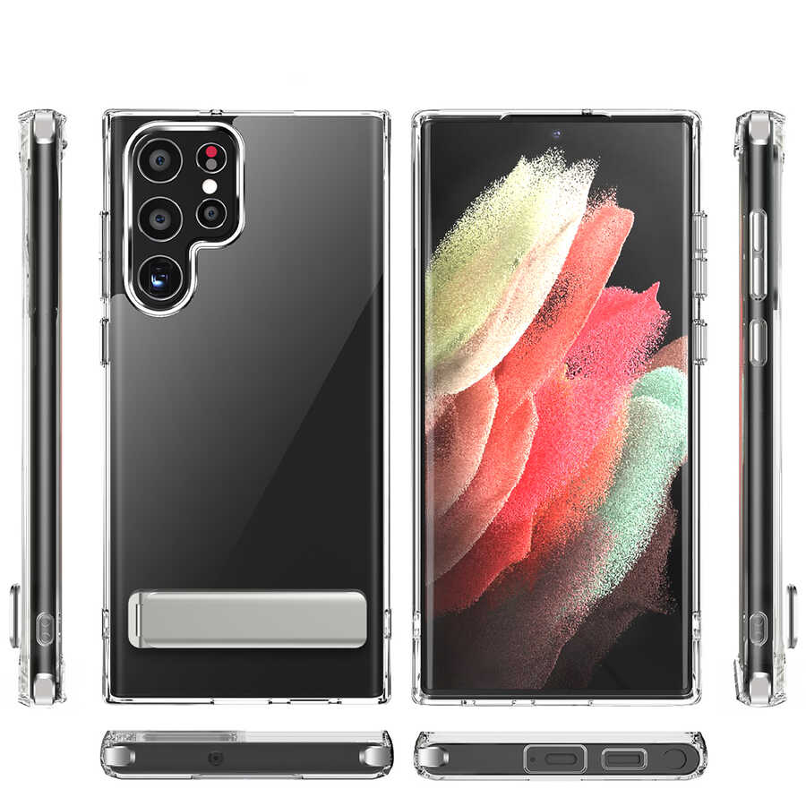 Galaxy S22 Ultra Uyumlu Kılıf Standlı Şeffaf Silikon Zore L-Stand Kapak