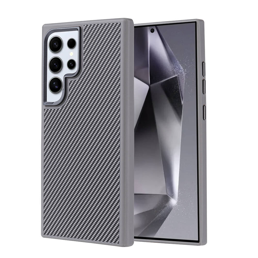 Galaxy S24 Ultra Uyumlu Kılıf M-safe Şarj Özellikli Karbon Fiber Görünümlü Zore Troy Kapak