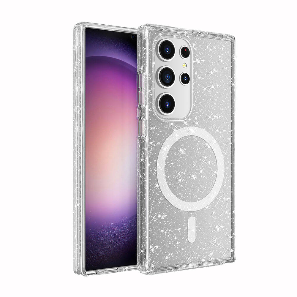 Galaxy S24 Ultra Uyumlu Kılıf M-safe Şarj Özellikli Parlayan Simli Saydam Renkli Zore Allstar Kapak