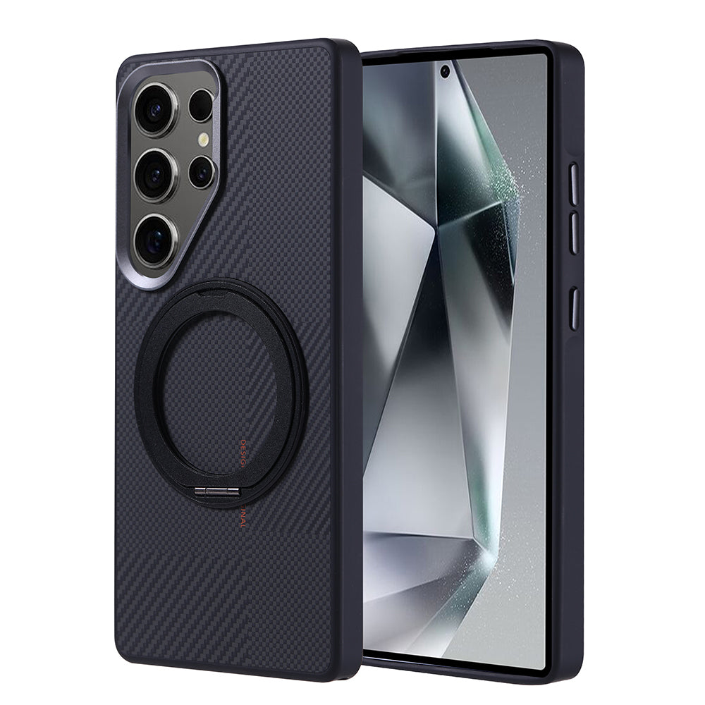Galaxy S25 Ultra Uyumlu Kılıf M-safe Şarj Özellikli Karbon Fiber Görünümlü Zore Standlı Troy Kapak