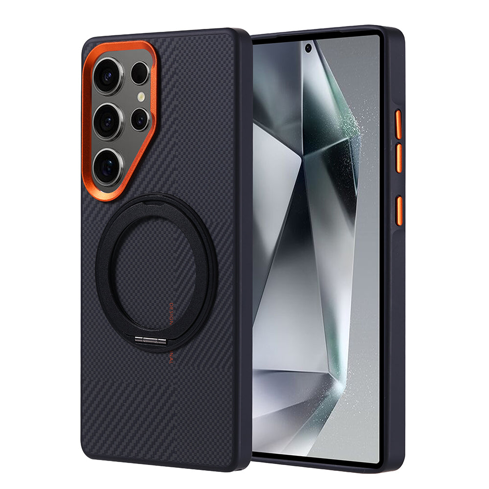 Galaxy S25 Ultra Uyumlu Kılıf M-safe Şarj Özellikli Karbon Fiber Görünümlü Zore Standlı Troy Kapak