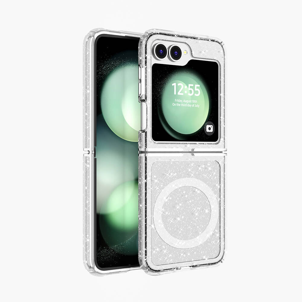 Galaxy Z Flip 6 Uyumlu Kılıf M-safe Şarj Özellikli Parlayan Simli Saydam Renkli Zore Allstar Kapak