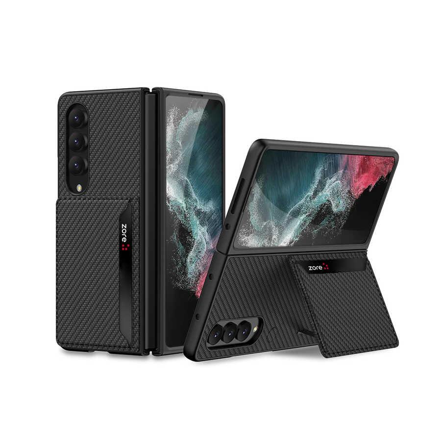 Galaxy Z Fold 4 Uyumlu Kılıf Karbonfiber Arka Yüzey Zore Kartlıklı Kıpta Silikon Kapak