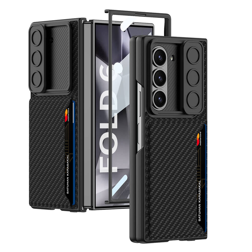 Galaxy Z Fold 6 Uyumlu Kılıf Kamera Korumalı Karbon Fiber Arka Yüzey Zore Kartlıklı Kıpta Sert Kapak