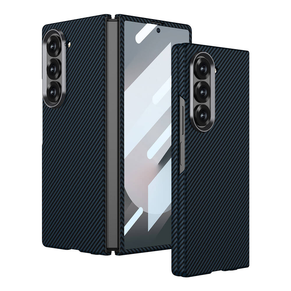 Galaxy Z Fold 6 Uyumlu Kılıf Kamera Korumalı Karbon Fiber Tasarımlı Arka Yüzey Zore Kıpta Karbon Kapak