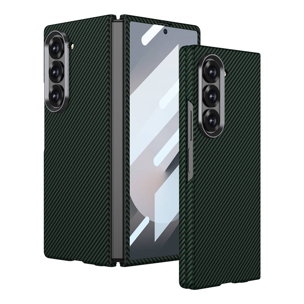 Galaxy Z Fold 6 Uyumlu Kılıf Kamera Korumalı Karbon Fiber Tasarımlı Arka Yüzey Zore Kıpta Karbon Kapak