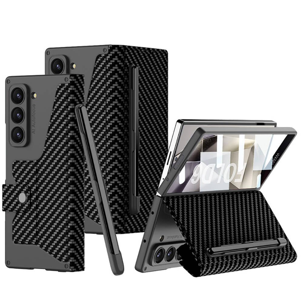 Galaxy Z Fold 6 Uyumlu Kılıf Kamera Korumalı Karbon Tasarımlı Zore Kıpta Kalem Bölmeli Fest Kapak