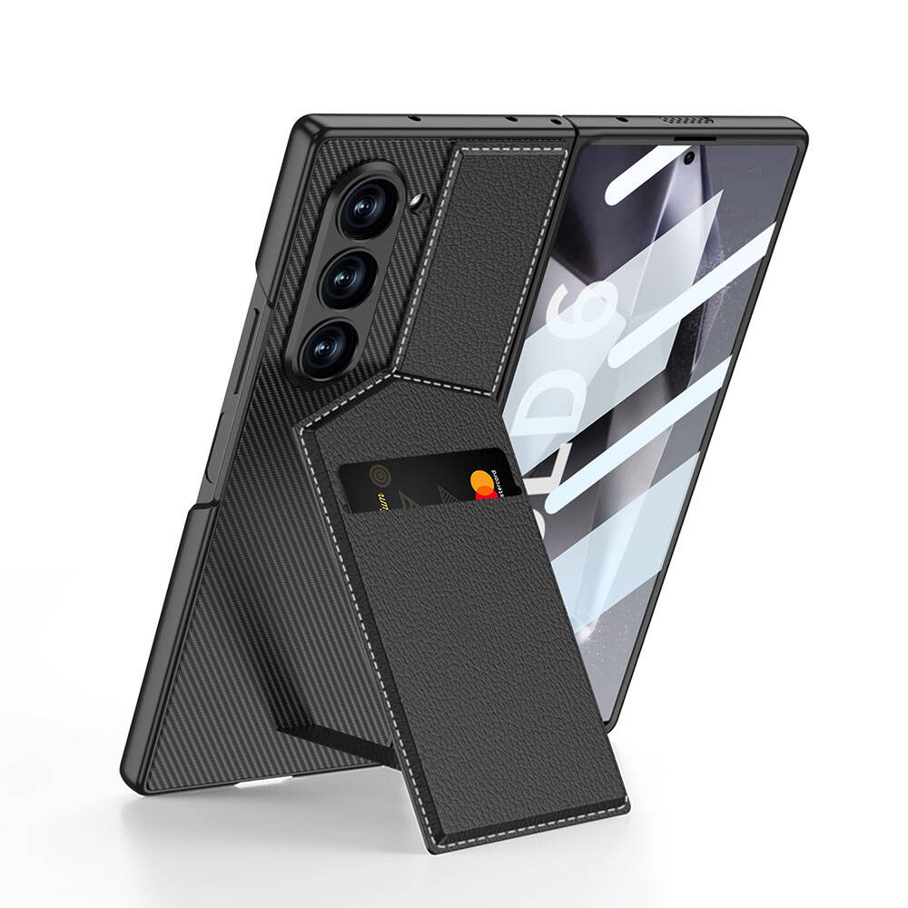 Galaxy Z Fold 6 Uyumlu Kılıf Karbon Fiber Deri Kartlıklı Zore Kıpta Dik Açılan Kartlıklı Kapak