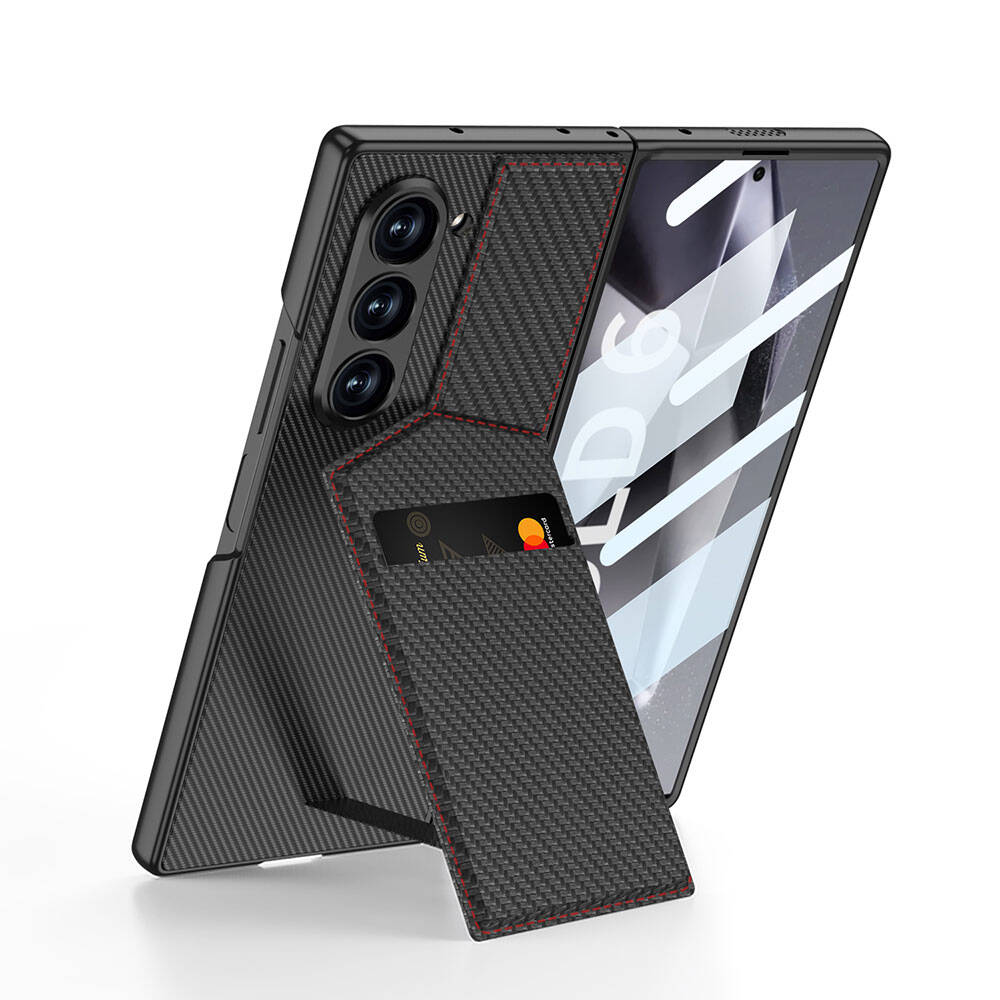 Galaxy Z Fold 6 Uyumlu Kılıf Karbon Fiber Kartlıklı Zore Kıpta Dik Açılan Kartlıklı Kapak