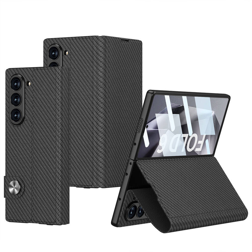 Galaxy Z Fold 6 Uyumlu Kılıf Karbon Fiber Tasarımlı Magnetik Tokalı Kartlıklı Zore Kıpta Zegna Kapak