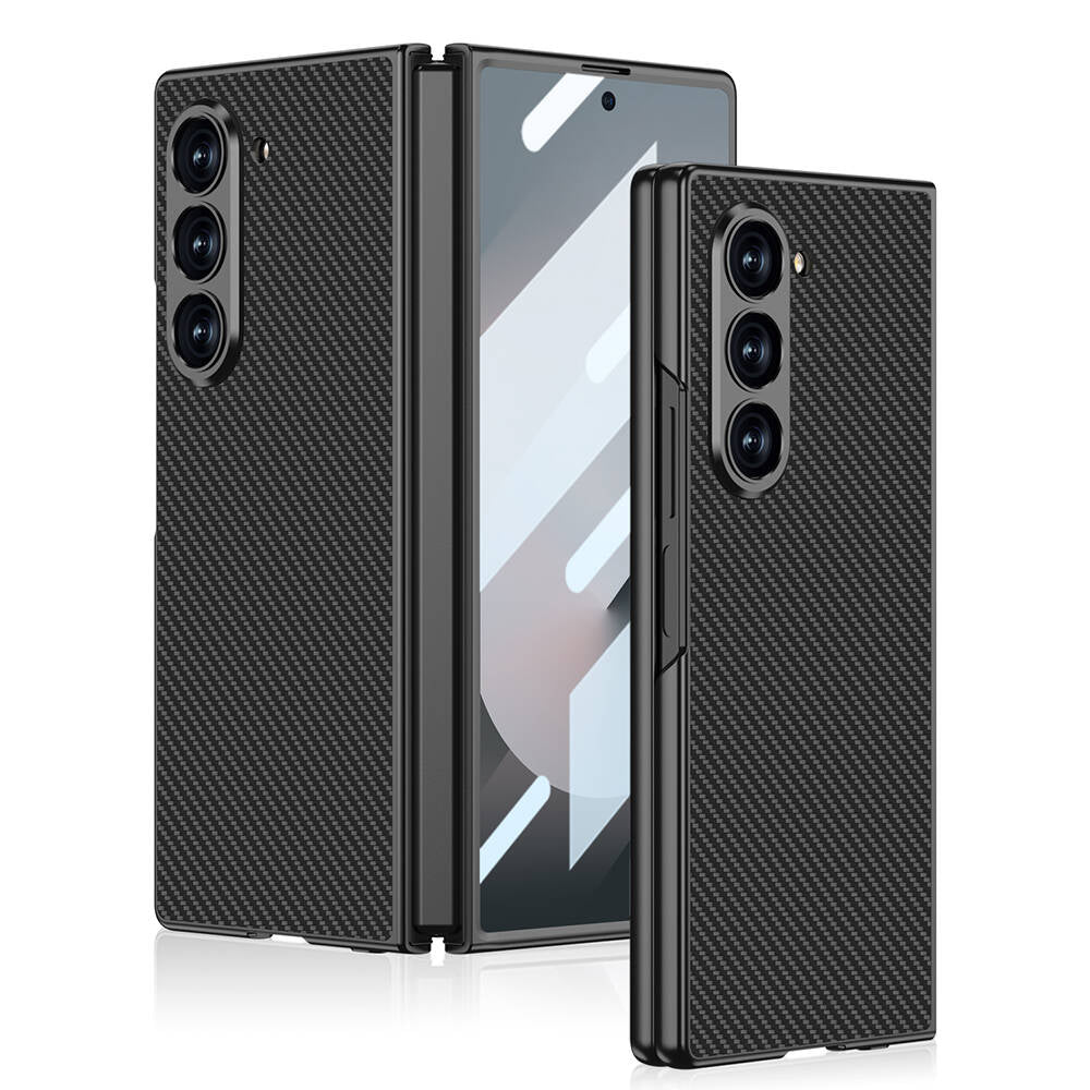 Galaxy Z Fold 6 Uyumlu Kılıf Karbon Fiber Tasarımlı Titanyum Metal Zore Kıpta Caz Kapak