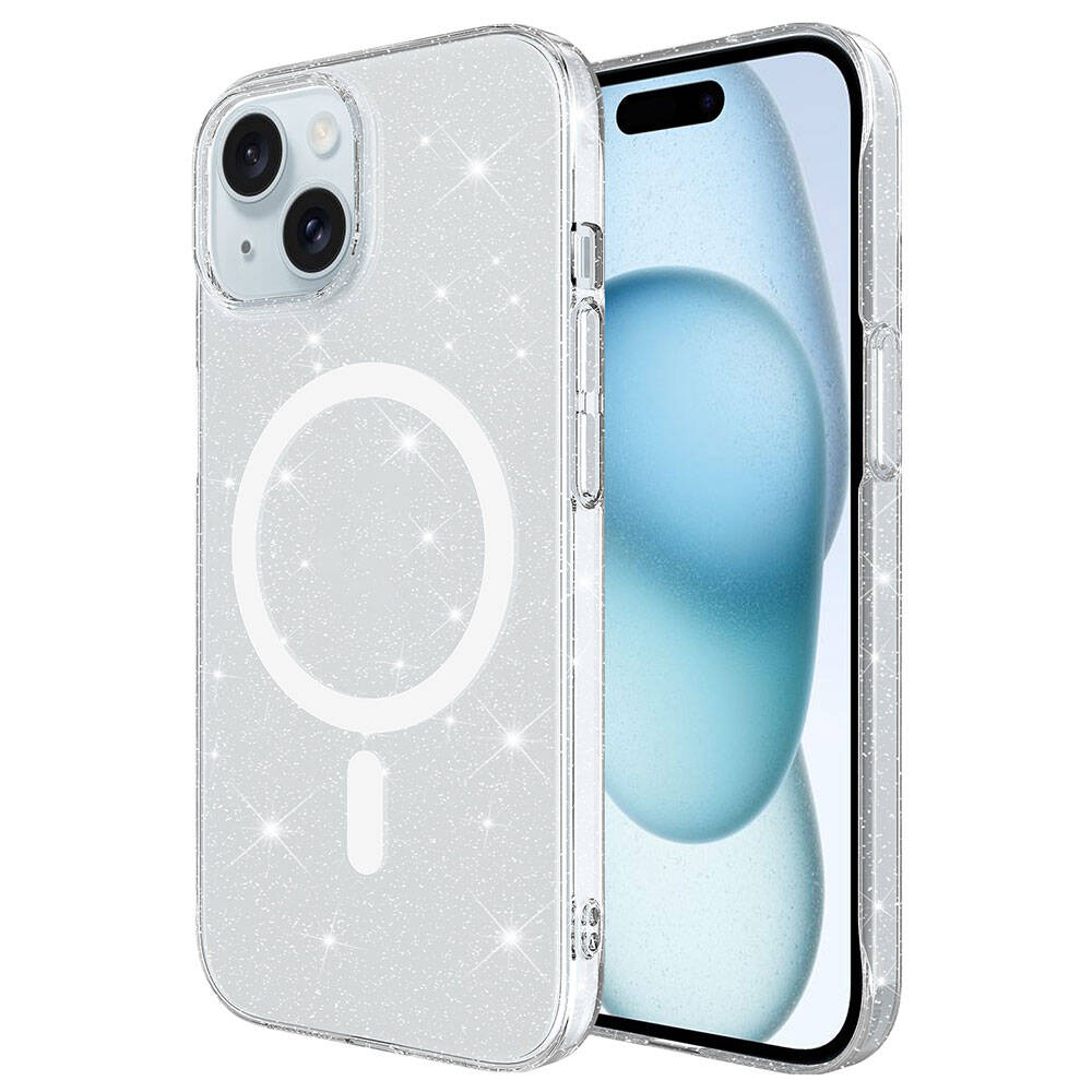 iPhone 15 Uyumlu KılıfZore M-safe Şarj Özellikli Simli Şeffaf Arka Yüzey Erdos Silikon Kapak