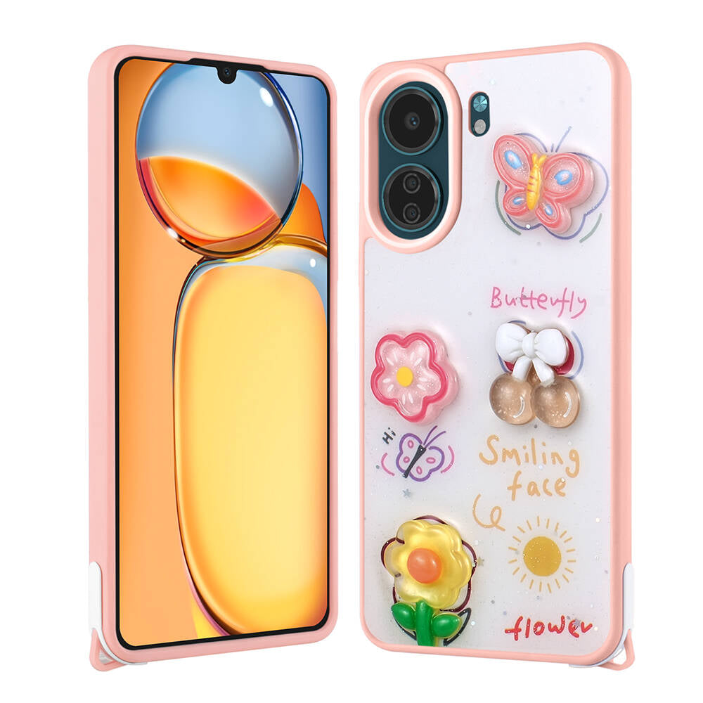 Xiaomi Poco C65 Uyumlu Kılıf Parlayan Simli Kabartma Figürlü Zore Cevze Kapak