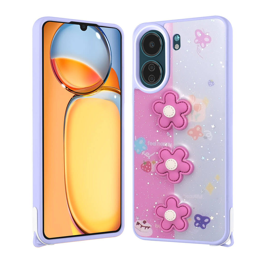 Xiaomi Poco C65 Uyumlu Kılıf Parlayan Simli Kabartma Figürlü Zore Cevze Kapak