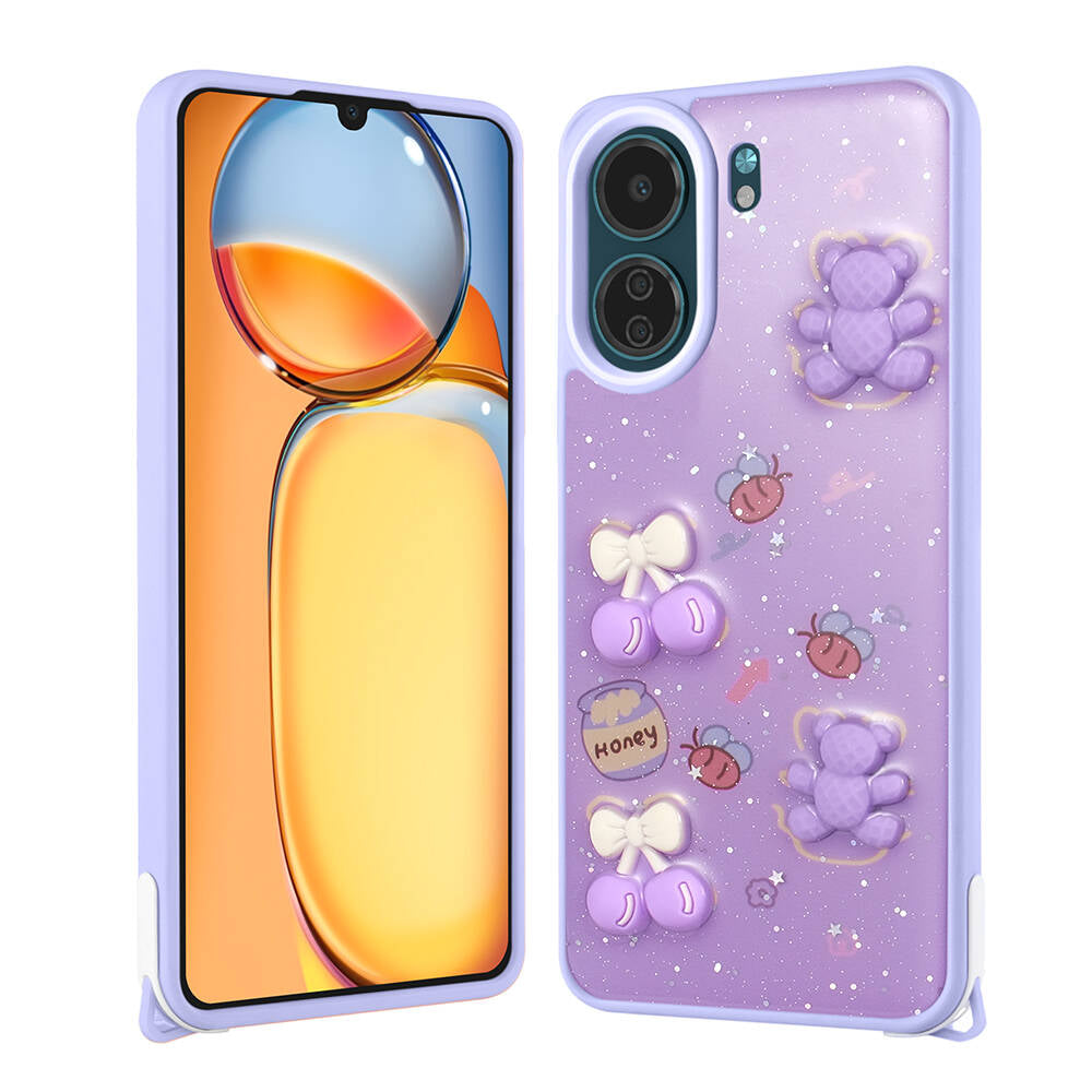 Xiaomi Poco C65 Uyumlu Kılıf Parlayan Simli Kabartma Figürlü Zore Cevze Kapak