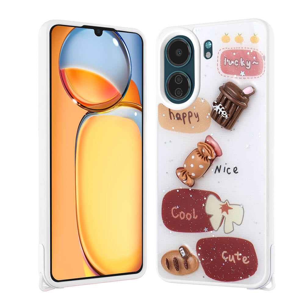 Xiaomi Redmi 13C Uyumlu Kılıf Parlayan Simli Kabartma Figürlü Zore Cevze Kapak